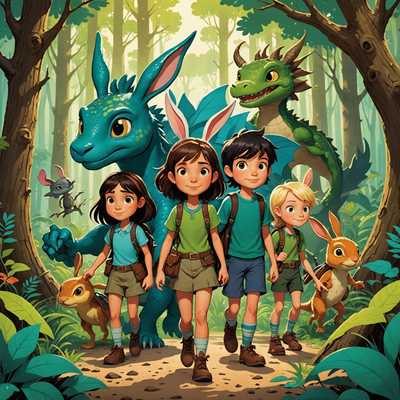 Das Buchcover zeigt eine Gruppe von fünf Cartoon-Charakteren in einer waldähnlichen Umgebung, umgeben von großen Baumstämmen. Die Charaktere bestehen aus einem Mädchen mit braunem Haar und Hasenohren, einem kleinen Mädchen mit schwarzem Haar, einem Jungen mit einer gefleckten grünen Kreatur, einem drachenähnlichen Wesen mit blauer Haut und einem vor Freude lachenden Kind mit kurzem blondem Haar. Sie alle blicken auf einen großen, fetten roten Text, der 'WHISSPERS of the Toonverse' lautet, mit dem Untertitel 'Eine Welt, in der Animation lebt'. Hinter ihnen ist der Himmel durch die Baumkronen sichtbar. Das Cover ist professionell gestaltet und weist eine ansprechende visuelle Komposition auf, die sowohl für das Genre passend als auch auf dem Markt konkurrenzfähig ist.