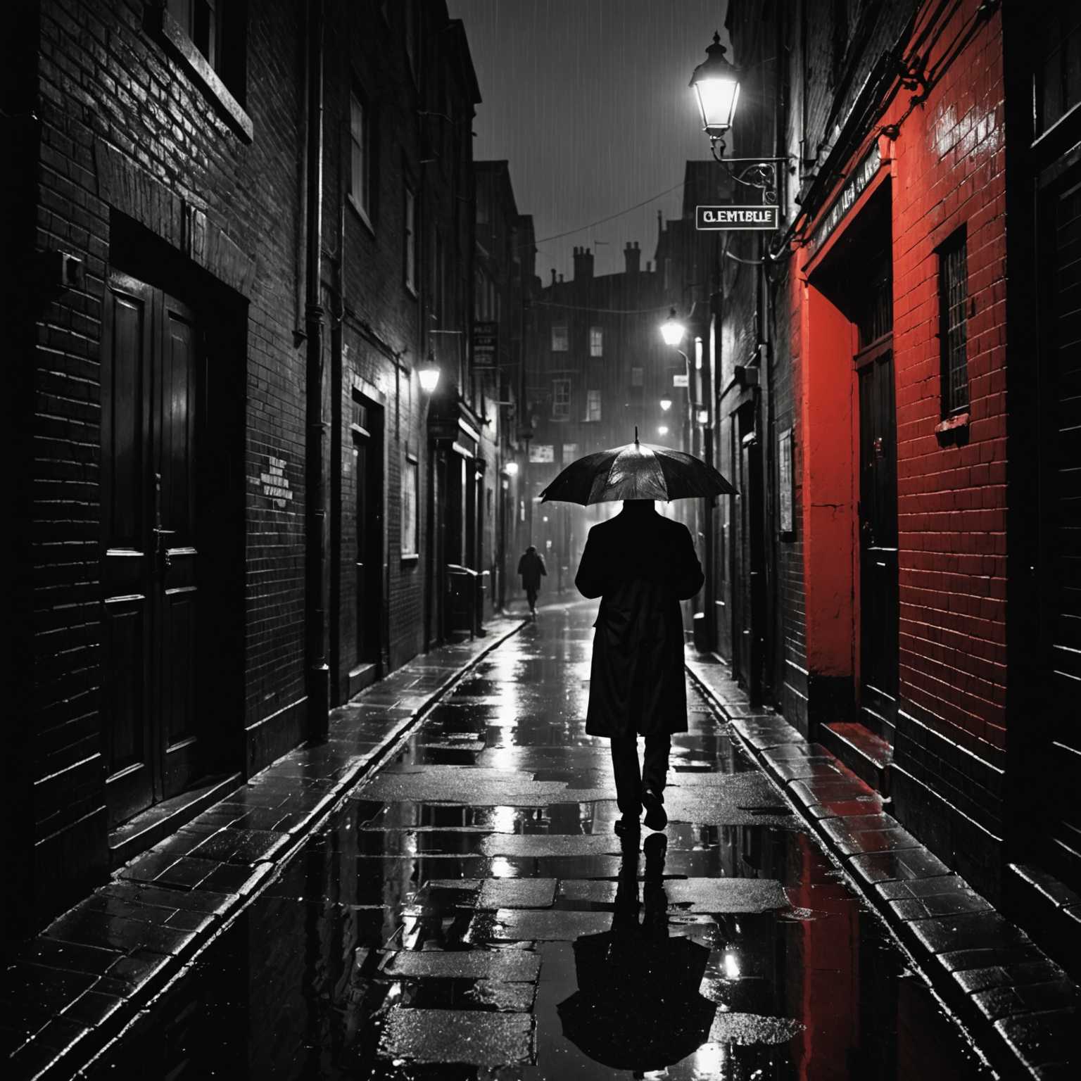 Ein einsamer Mensch steht in einer schmalen, spärlich beleuchteten Gasse und hält einen Regenschirm. Es regnet, und der Boden ist mit Pfützen bedeckt, die das Licht der Straßenlaternen reflektieren. Die Gestalt ist gegen das Leuchten silhouettiert, was eine geheimnisvolle und atmosphärische Szene schafft. Die Stimmung ist dunkel und stimmungsvoll, verstärkt durch das schwarz-weiße Farbschema. Kühn roter Text überlagert das Bild und suggeriert ein Thema von Geheimhaltung und Beobachtung. Diese Buchcovergestaltung ist professionell, in hoher Auflösung und für den Druck bereit. Die Typografie ist lesbar, und das visuelle Kompositionsdesign ist ansprechend und dem Genre angemessen. Das Design ist marktfähig und verfügt über ein layoutfreundliches Thumbnail mit ausgewogener Hierarchie und kommerziellem Buchcover-Ästhetik.