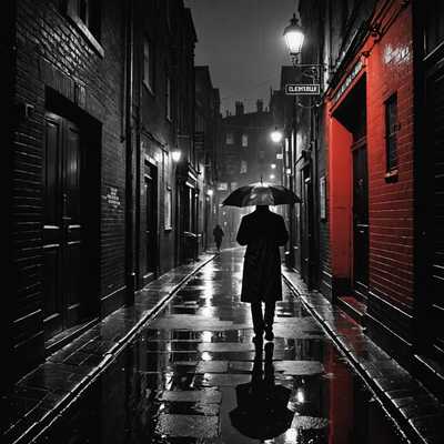 Ein einsamer Mensch steht in einer schmalen, spärlich beleuchteten Gasse und hält einen Regenschirm. Es regnet, und der Boden ist mit Pfützen bedeckt, die das Licht der Straßenlaternen reflektieren. Die Gestalt ist gegen das Leuchten silhouettiert, was eine geheimnisvolle und atmosphärische Szene schafft. Die Stimmung ist dunkel und stimmungsvoll, verstärkt durch das schwarz-weiße Farbschema. Kühn roter Text überlagert das Bild und suggeriert ein Thema von Geheimhaltung und Beobachtung. Diese Buchcovergestaltung ist professionell, in hoher Auflösung und für den Druck bereit. Die Typografie ist lesbar, und das visuelle Kompositionsdesign ist ansprechend und dem Genre angemessen. Das Design ist marktfähig und verfügt über ein layoutfreundliches Thumbnail mit ausgewogener Hierarchie und kommerziellem Buchcover-Ästhetik.