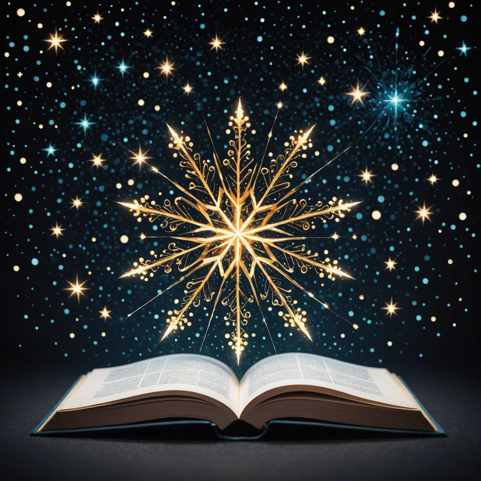 Ein faszinierendes Buchcover, das ein geöffnetes Buch zeigt, dessen Seiten mit diversen Symbolen wie Herzen, Sternen und abstrakten Formen bedruckt sind. In großen, fetten Buchstaben prangt die Aufforderung 'LESEN SIE DAS'. Über dem Buch schwebt ein leuchtendes, komplexes Symbol, das einem Stern oder einer Schneeflocke gleicht. Der Hintergrund ist dunkel und mit kleinen, funkelnden Sternen durchsetzt, was eine mystische Atmosphäre schafft. Die Kanten des Buches sind beleuchtet und betonen seine magische Qualität.