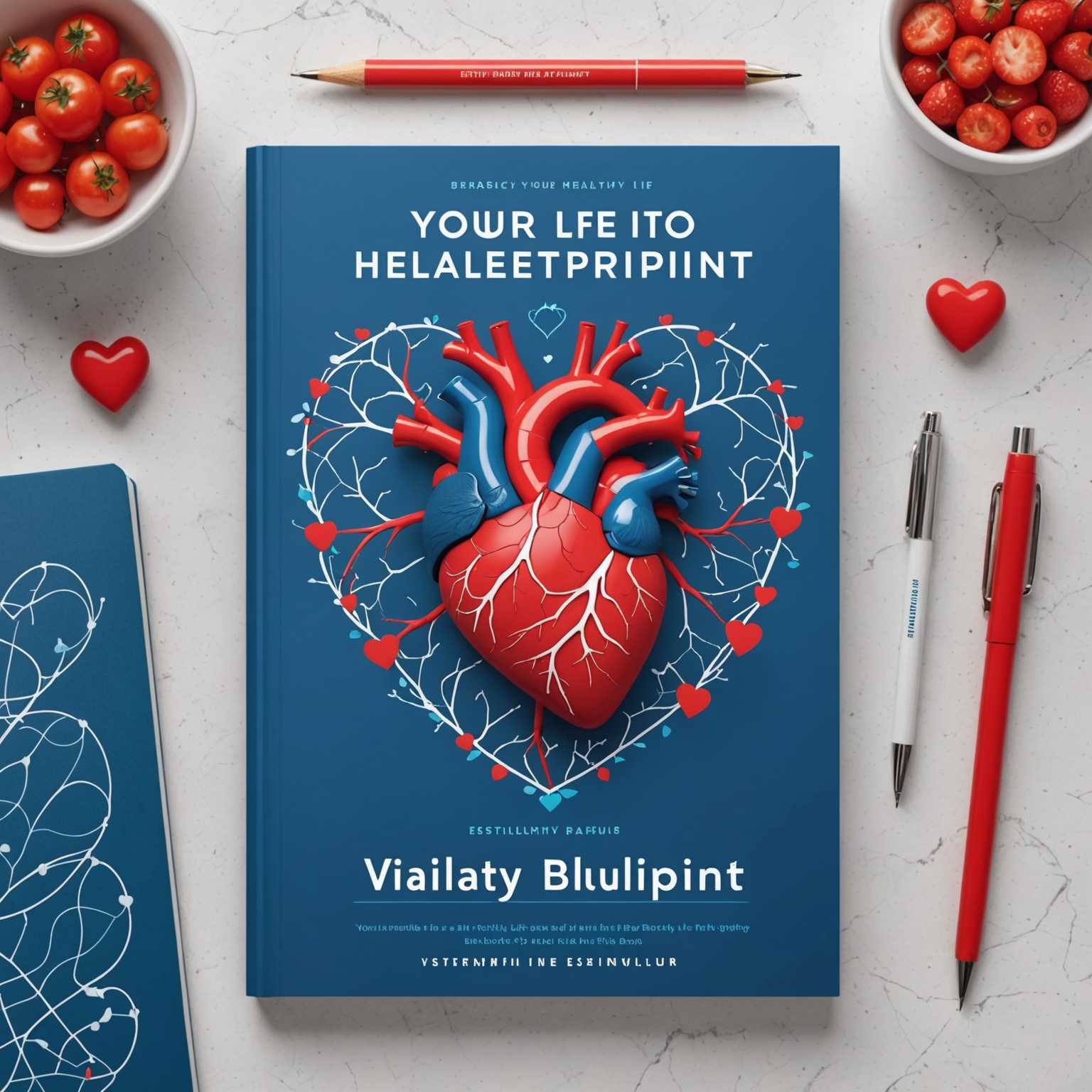 Das Bild zeigt zwei Bücher mit dem Titel 'Vitality Blueprint'. Die Buchcover sind in Blau gehalten und zeigen ein stilisiertes Herz mit bunten Arterien und Venen. Um das Herz herum sind kleine rote Herz-Symbole sowie weiße Linien, die EKG-Mustern ähneln, angeordnet. Der Untertitel lautet: 'Ihr Fahrplan zu einem gesunden Leben' in fetten weißen Buchstaben. Um die Bücher herum liegen Gegenstände wie ein Stift, eine Büroklammer, ein Binderclip und eine Schere auf einer hellen Fläche. Paar Hände sind sichtbar, die eines der Bücher halten.