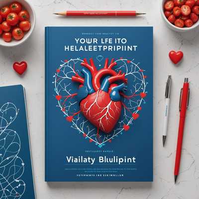 Das Bild zeigt zwei Bücher mit dem Titel 'Vitality Blueprint'. Die Buchcover sind in Blau gehalten und zeigen ein stilisiertes Herz mit bunten Arterien und Venen. Um das Herz herum sind kleine rote Herz-Symbole sowie weiße Linien, die EKG-Mustern ähneln, angeordnet. Der Untertitel lautet: 'Ihr Fahrplan zu einem gesunden Leben' in fetten weißen Buchstaben. Um die Bücher herum liegen Gegenstände wie ein Stift, eine Büroklammer, ein Binderclip und eine Schere auf einer hellen Fläche. Paar Hände sind sichtbar, die eines der Bücher halten.