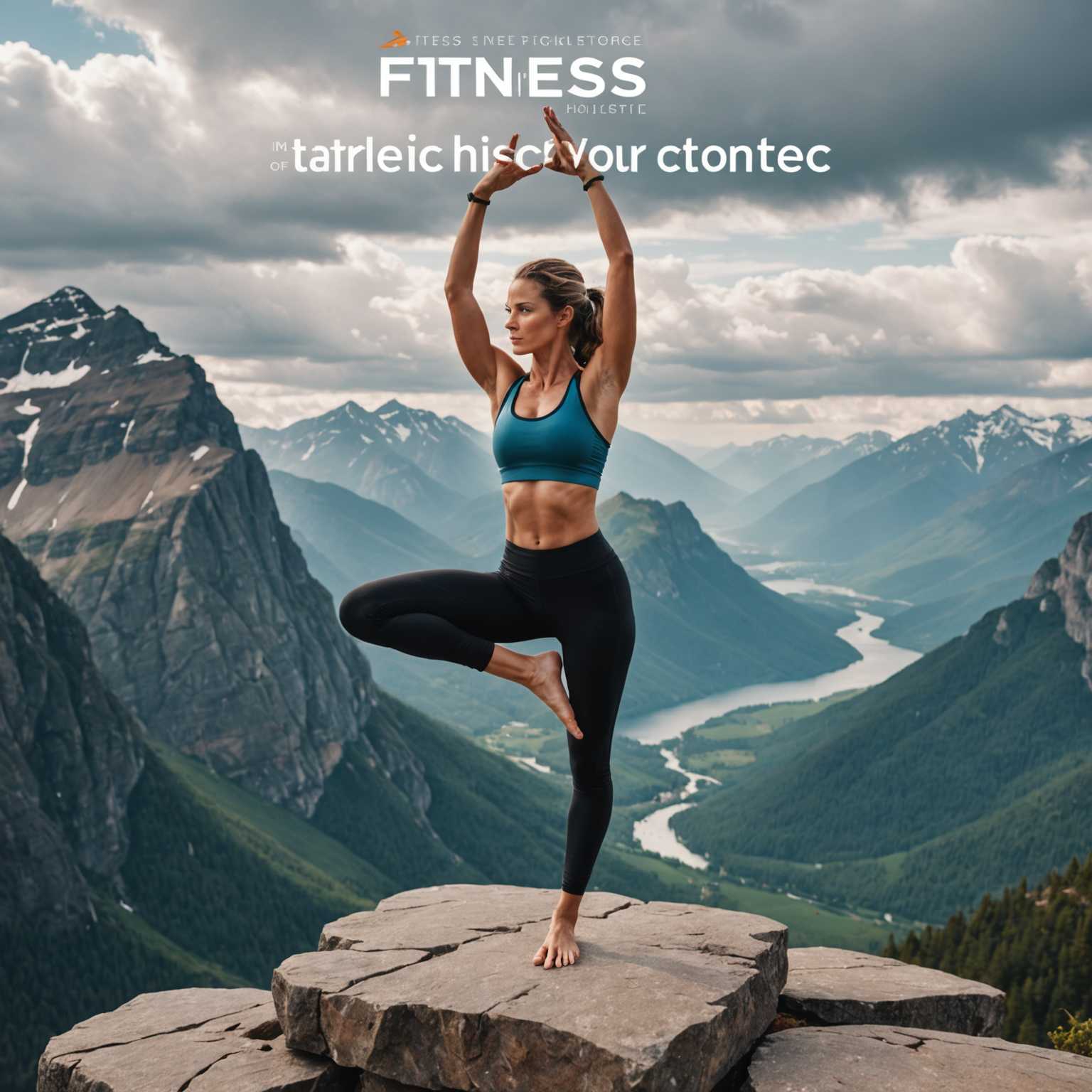 Das Bild zeigt eine Frau in sportlicher Kleidung, die eine Yoga-Pose im Stehen ausführt. Sie hat ein Bein hinter sich ausgestreckt und hält es mit einer Hand fest. Die Frau steht auf einer felsigen Oberfläche, die einen malerischen Blick auf Berge und einen bewölkten Himmel bietet. Der große Text lautet "Fitness: Unlock Your Inner Athlete," und der kleinere Text sagt "Holistic Holistic of Fitness." Die Szene vermittelt ein Gefühl von Fokus, Balance und Verbundenheit mit der Natur. Das Design ist als professionelles Buchcover gestaltet und bietet hohe Auflösung, druckfertige Qualität, gut lesbare Typografie und eine fesselnde visuelle Komposition.