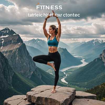 Das Bild zeigt eine Frau in sportlicher Kleidung, die eine Yoga-Pose im Stehen ausführt. Sie hat ein Bein hinter sich ausgestreckt und hält es mit einer Hand fest. Die Frau steht auf einer felsigen Oberfläche, die einen malerischen Blick auf Berge und einen bewölkten Himmel bietet. Der große Text lautet "Fitness: Unlock Your Inner Athlete," und der kleinere Text sagt "Holistic Holistic of Fitness." Die Szene vermittelt ein Gefühl von Fokus, Balance und Verbundenheit mit der Natur. Das Design ist als professionelles Buchcover gestaltet und bietet hohe Auflösung, druckfertige Qualität, gut lesbare Typografie und eine fesselnde visuelle Komposition.