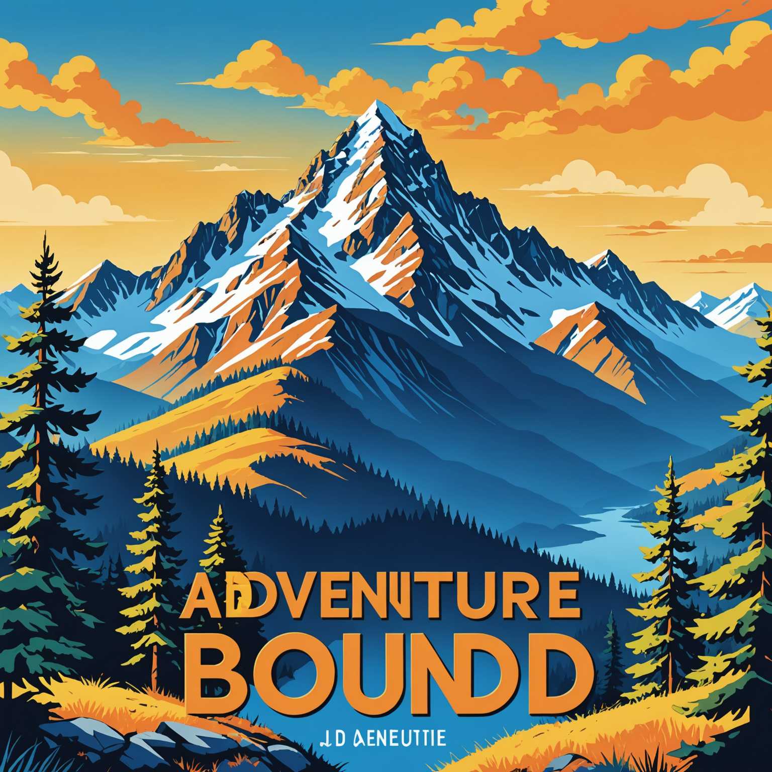 Dieses Buchcover zeigt eine beeindruckende Berglandschaft in lebendigen Farben. Der Titel "ADVENTURE BOUND" ist in markanten, stilisierten Buchstaben oben auf dem Cover zu sehen. Die Illustration zeigt eine Bergkette in kräftigen Blau-, Orange- und Gelbtönen, die sich vor einem klaren Himmel mit einem Farbverlauf von tiefem Blau zu sanftem Gelb abhebt. Unter den Bergen befinden sich Schichten von Kiefern in unterschiedlichen Blautönen. Der Name der Autorin, "JANE DOE," ist am unteren Rand geschrieben. Links neben dem Buch liegt ein Bleistift, und rechts ist eine Metallklammer zu sehen, alles auf einem gespaltenen Hintergrund aus Hellblau und Orange. Dieses professionelle Buchcover-Design ist hochauflösend, druckfertig und besticht durch lesbare Typografie und eine fesselnde visuelle Komposition.