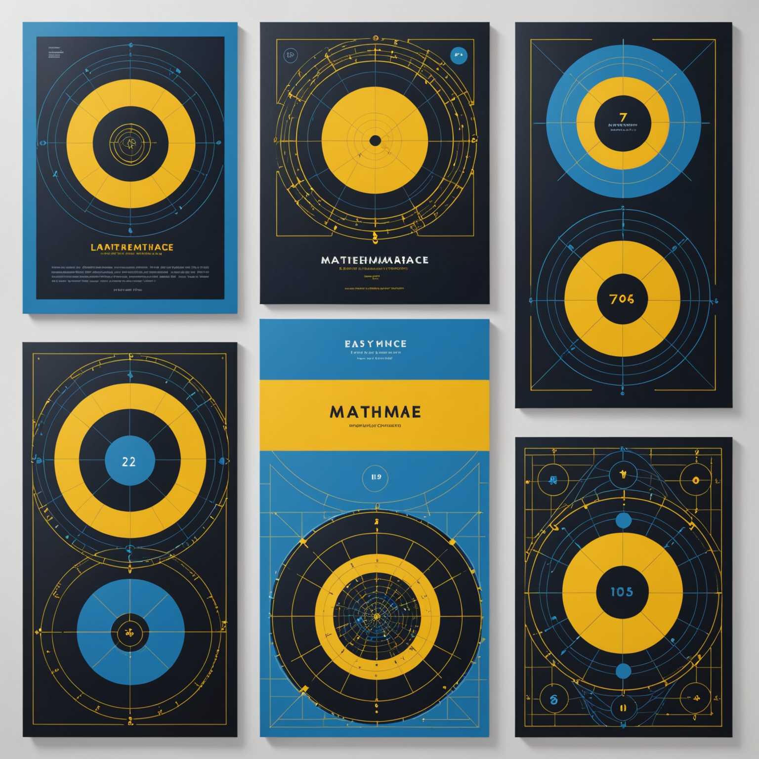 Dieses beeindruckende Buchcover präsentiert eine Sammlung von sechs einzigartigen Plakaten, angeordnet in zwei Reihen mit jeweils drei Plakaten. Jedes Plakat zeigt ein markantes, geometrisches Design in den dominierenden Farben Blau, Gelb und Schwarz. Das Plakat oben links trägt den Titel 'MATHEMATICS' und präsentiert symmetrische Kreisdesigns mit geometrischen und mathematischen Symbolen. Das mittlere Plakat oben, betitelt 'LANGUAGE', zeigt Gitter mit ineinander greifenden Linien, Kreisen und Quadraten, die ein rätselhaftes Konzept andeuten. Rechts oben befindet sich ein weiteres 'LANGUAGE'-Plakat mit komplexen Mustern, die einem Labyrinth ähneln. Das untere linke Plakat, 'SCIENCE', enthält vertikale Muster mit wissenschaftlichen Symbolen. In der Mitte unten zeigt ein weiteres 'SCIENCE'-Plakat Spalten von Buchstaben. Das rechte Plakat unten, betitelt 'PROGRAMMING', beeindruckt mit einem kreisförmigen Design und schaltkreisartigen Mustern. Dieses Cover kombiniert professionellen Buchcover-Designstil mit einer ansprechenden visuellen Komposition.