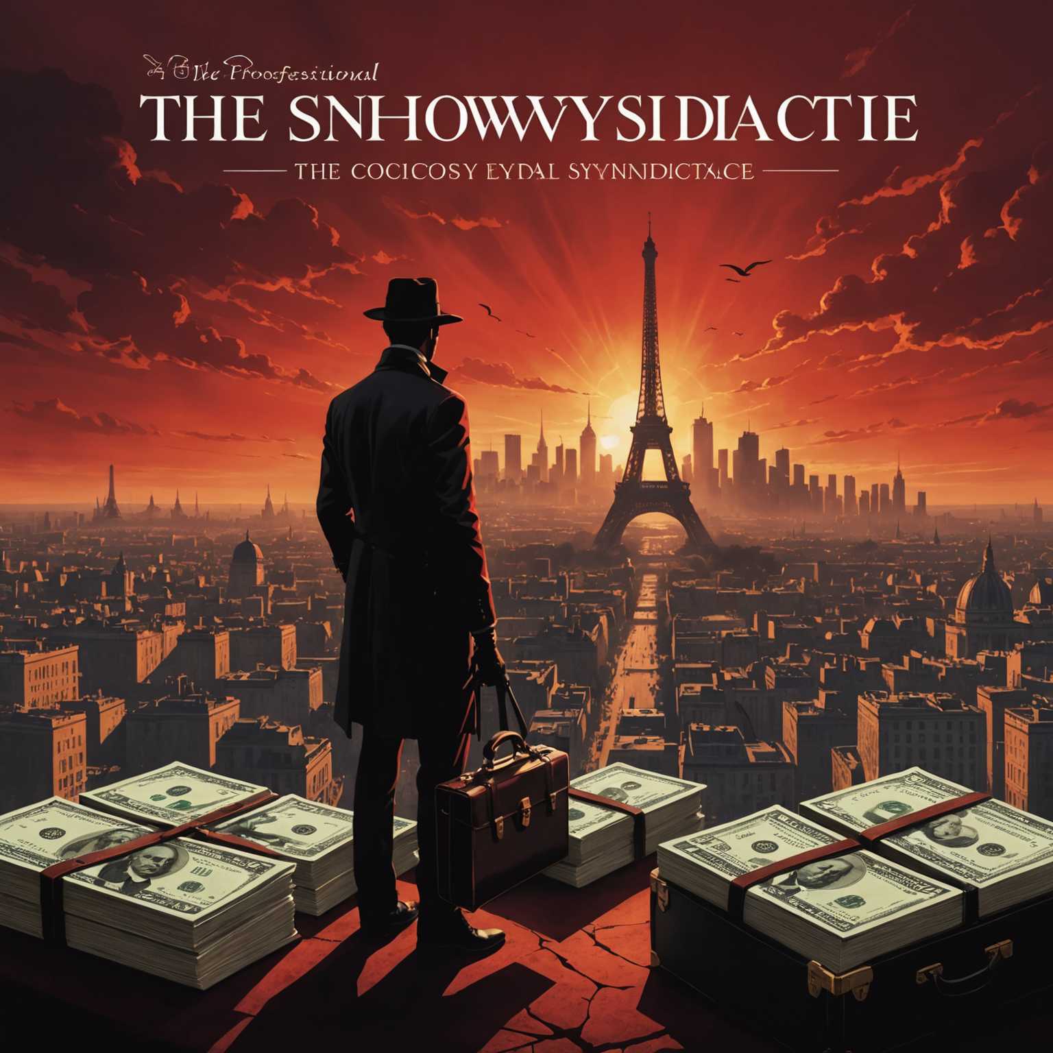 Dieses Buchcover zeigt dramatisch die Spannung und das Geheimnis der Unterwelt. Vor einem dramatisch roten Himmel ist die Silhouette einer Stadt zu sehen, mit dem Eiffelturm als markantem Element. Im Vordergrund liegt ein offener Aktenkoffer mit Geldstapeln, einer silbernen Pistole und einer schwarzen Lederhandschuh-Hand darauf. Das Design vermittelt den Nervenkitzel und die Gefahren, die mit Loyalität in einem geheimen Syndikat verbunden sind. Das Cover zieht Leser an, die sich für spannende Thriller und Krimigeschichten interessieren, und ist auf professionellem Niveau gestaltet, um die Aufmerksamkeit im Buchhandel zu gewinnen.