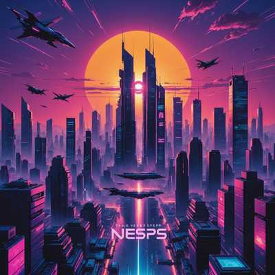 Dieses Buchcover zeigt eine futuristische Stadtlandschaft bei Sonnenuntergang. Der Himmel verwandelt sich von tiefem Pink in dunkles Blau, während die Sonne am Horizont untergeht. Die Szene ist von Wolkenkratzern mit unterschiedlichen architektonischen Stilen geprägt. Ein futuristisches Luftfahrzeug schwebt am Himmel. Auffällig ist die neonlila japanische Schrift, begleitet von den englischen Phrasen: „THE NEVER SLEEPS“ und „THAT NEVER SLEEPS“. Das Design verkörpert eine lebendige Cyberpunk-Ästhetik mit beleuchteten Fenstern und Straßen und ist ideal für ein Buchcover geeignet, das sowohl professionell als auch vermarktbar ist.