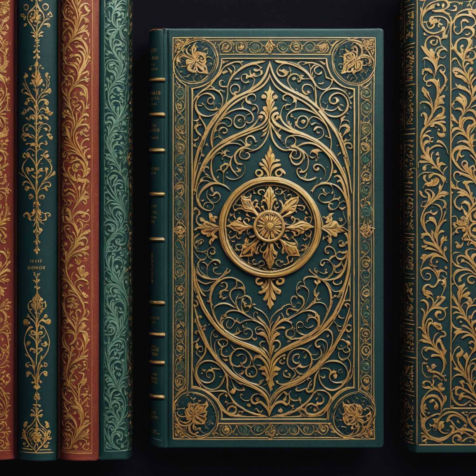 Eine Sammlung kunstvoll gestalteter Buchrücken glänzt mit vielfältigen Designs und farbenfrohen Verzierungen. In zwei Reihen angeordnet, ziehen die Bücher mit ihren unterschiedlichen Schriften und den aufwendigen Details sowie Dekorationen die Blicke auf sich. Eine durchdachte Beleuchtung betont die feinen Texturen und Muster, wodurch eine elegante und anspruchsvolle Atmosphäre entsteht, die besonders bibliophile Ästheten anspricht.