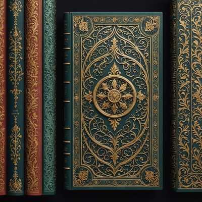 Eine Sammlung kunstvoll gestalteter Buchrücken glänzt mit vielfältigen Designs und farbenfrohen Verzierungen. In zwei Reihen angeordnet, ziehen die Bücher mit ihren unterschiedlichen Schriften und den aufwendigen Details sowie Dekorationen die Blicke auf sich. Eine durchdachte Beleuchtung betont die feinen Texturen und Muster, wodurch eine elegante und anspruchsvolle Atmosphäre entsteht, die besonders bibliophile Ästheten anspricht.