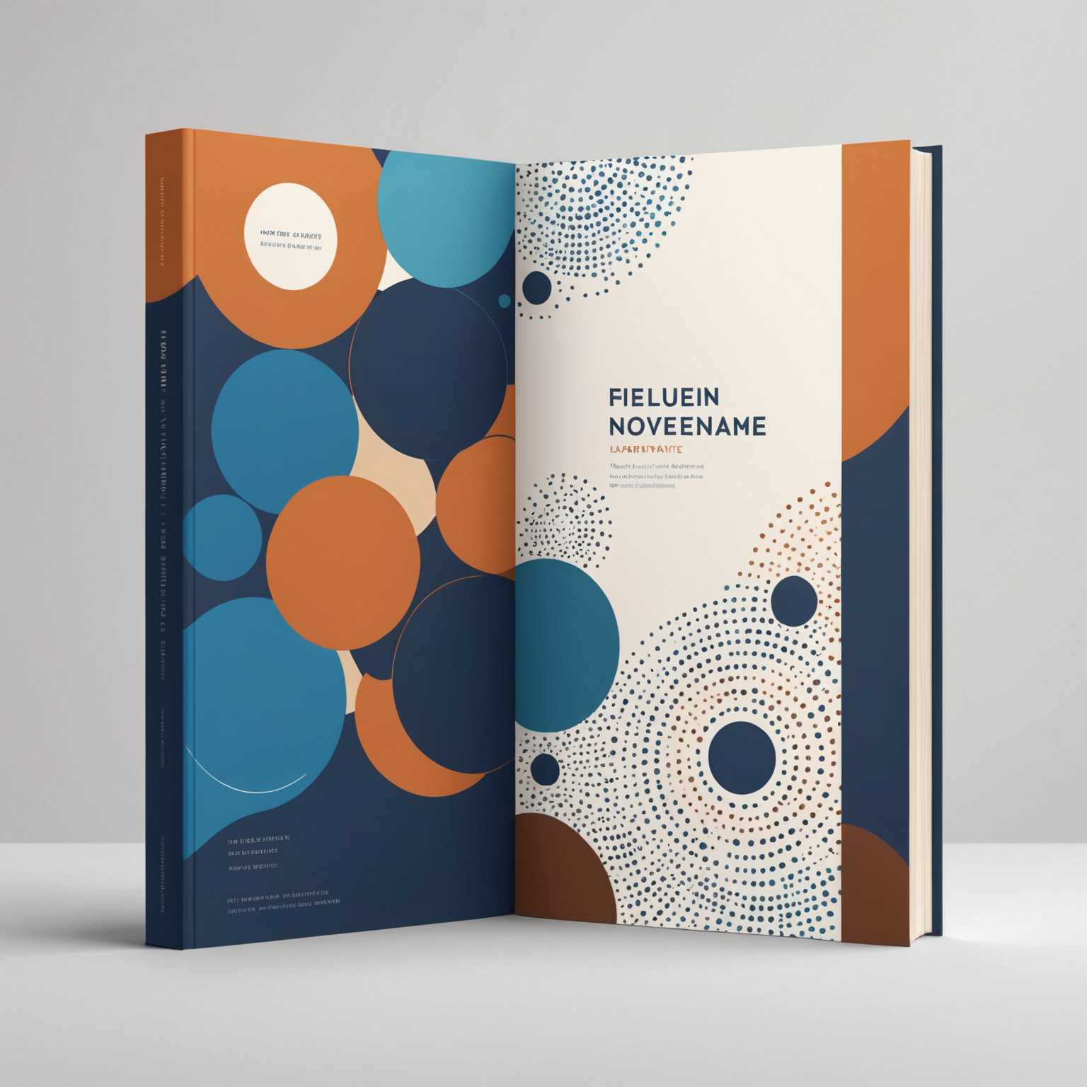 Ein moderner Buchumschlag, der abstrakte geometrische Formen und ein minimalistisches Design kombiniert. Die linke Seite zeigt einen Farbverlauf von Blau zu Braun mit überlappenden Kreisen, Linien und Punkten, die komplexe Muster bilden. Die rechte Seite hat einen weißen Hintergrund mit unterteilten Abschnitten für Text, die durch Überschriften wie 'NAME' gekennzeichnet sind und Platz für zusätzliche Informationen bieten. Das Design ist strukturiert und künstlerisch, vereint ästhetische und funktionale Elemente. Ideal für professionelle und marktfähige Bücher.