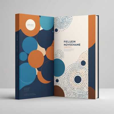 Ein moderner Buchumschlag, der abstrakte geometrische Formen und ein minimalistisches Design kombiniert. Die linke Seite zeigt einen Farbverlauf von Blau zu Braun mit überlappenden Kreisen, Linien und Punkten, die komplexe Muster bilden. Die rechte Seite hat einen weißen Hintergrund mit unterteilten Abschnitten für Text, die durch Überschriften wie 'NAME' gekennzeichnet sind und Platz für zusätzliche Informationen bieten. Das Design ist strukturiert und künstlerisch, vereint ästhetische und funktionale Elemente. Ideal für professionelle und marktfähige Bücher.
