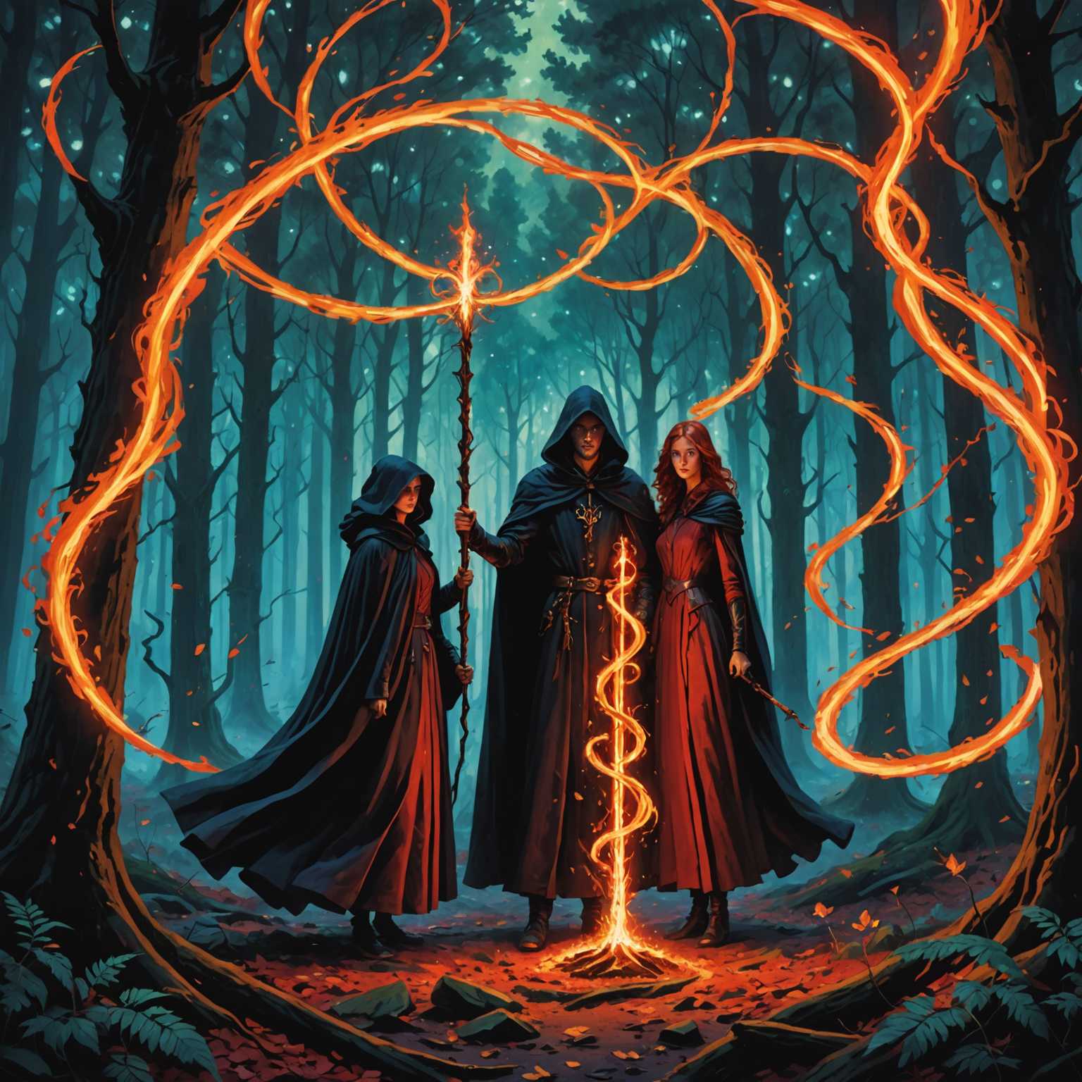 In einem dunklen Wald mit hohen Bäumen stehen sich zwei Gestalten gegenüber, die eine in einem langen Umhang, die andere in einem Kleid, und halten Zauberstäbe, die helle, feurige Energie ausstoßen. Die Energie bildet einen dynamischen Wirbel zwischen ihnen und erzeugt einen leuchtenden Brennpunkt, wo die Zauberstäbe aufeinandertreffen. Die Szene ist gefüllt mit magischem, feurigem Licht, das einen ätherischen Schein in der nebligen Waldumgebung wirft. Oberhalb der Figuren formt sich feuerrote Energie zu einem Unendlichkeitszeichen. Der Stil ist wichtig: ein professionelles Buchcoverdesign in hoher Auflösung und druckfertiger Qualität, mit lesbarer Typografie, einer überzeugenden visuellen Komposition, genre-spezifischer Stilführung, einem marktfähigen Design, einer miniaturefreundlichen Anordnung und einer ausgeglichenen Hierarchie für eine kommerzielle Buchcover-Ästhetik.