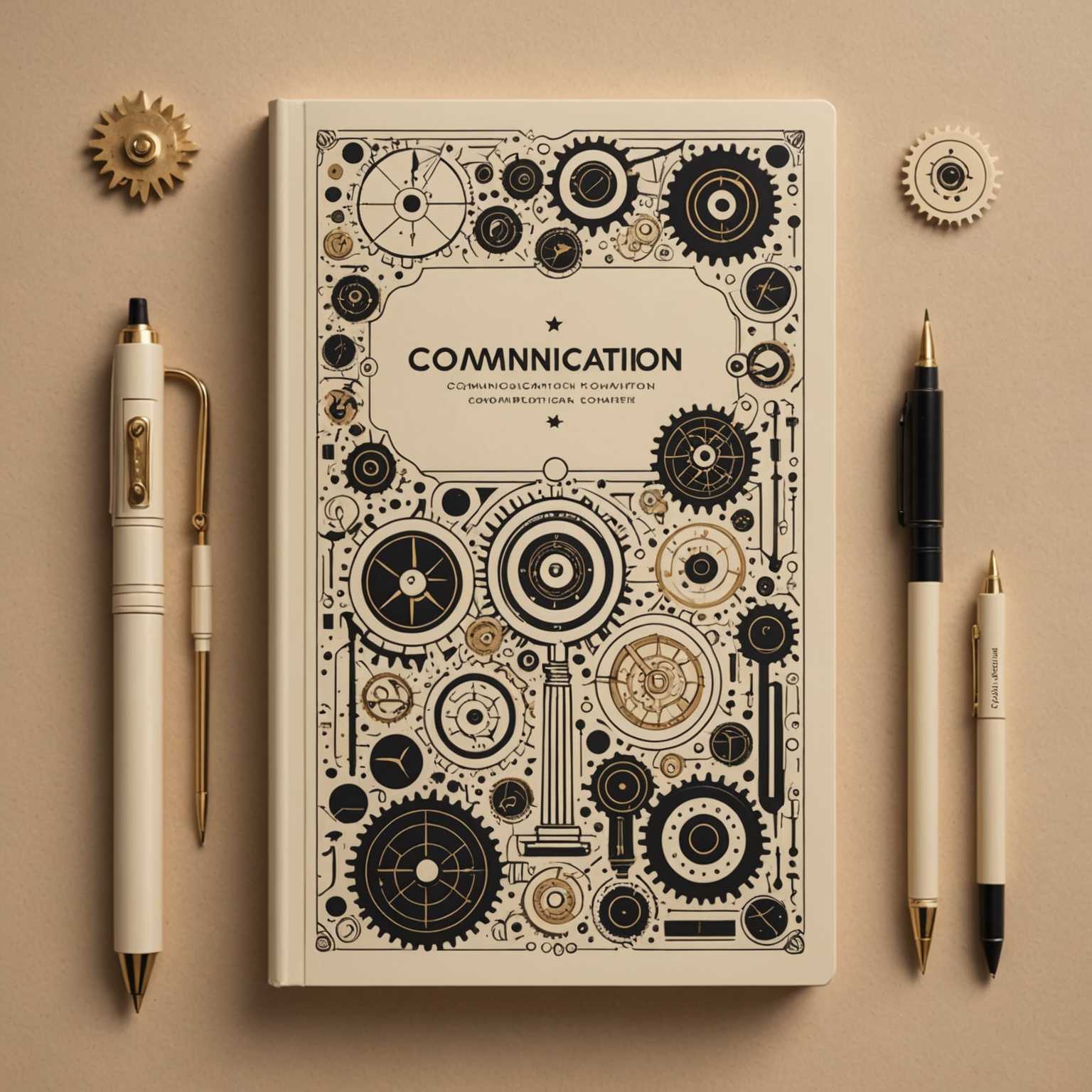 Dieses Buchcover präsentiert sich in einem eleganten beige, wobei das Wort "Kommunikation" sowohl auf dem Buchrücken als auch auf der Vorderseite prägnant erscheint. Die Gestaltung integriert eine Vielzahl an Symbolen, die mit Kommunikation assoziiert werden, darunter Sprechblasen, ein Mikrofon, eine Schreibfeder, Federn, ein Kompass, eine Kamera und ein Stift. Der Hintergrund ist mit abstrakten Formen, Zahnrädern und Linien verziert, was dem Design eine moderne und dynamische Optik verleiht. Die Rückseite des Covers enthält Text und einen Barcode, um ein vollständiges, markttaugliches Produkt zu liefern. Das gesamte Design steht für Professionalität, hochwertige Druckqualität und ein überzeugendes visuelles Layout, das sowohl für den Buchhandel als auch für digitale Plattformen geeignet ist.