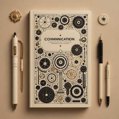 Dieses Buchcover präsentiert sich in einem eleganten beige, wobei das Wort "Kommunikation" sowohl auf dem Buchrücken als auch auf der Vorderseite prägnant erscheint. Die Gestaltung integriert eine Vielzahl an Symbolen, die mit Kommunikation assoziiert werden, darunter Sprechblasen, ein Mikrofon, eine Schreibfeder, Federn, ein Kompass, eine Kamera und ein Stift. Der Hintergrund ist mit abstrakten Formen, Zahnrädern und Linien verziert, was dem Design eine moderne und dynamische Optik verleiht. Die Rückseite des Covers enthält Text und einen Barcode, um ein vollständiges, markttaugliches Produkt zu liefern. Das gesamte Design steht für Professionalität, hochwertige Druckqualität und ein überzeugendes visuelles Layout, das sowohl für den Buchhandel als auch für digitale Plattformen geeignet ist.