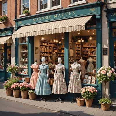 Ein zauberhaftes Straßenszenario entfaltet sich mit charmanten, alten Boutiquen, die in nostalgischem Flair erstrahlen. Im Vordergrund zieht ein Geschäft mit einem großen Schaufenster die Blicke auf sich, in dem elegante Schaufensterpuppen in Vintage-Kleidern stilvoll inszeniert sind. Dekorative Accessoires umrahmen die Auslage, während der elegante Schriftzug des Ladens über dem Fenster prangt. Blühende Blumenkästen in leuchtenden Farben wie Rot, Gelb und Lila schmücken die Fensterbänke, und hängende Blumenkörbe mit ähnlichen Blüten zieren die Fassade. Die mit Kopfstein gepflasterte Straße führt zu weiteren kleinen Geschäften im Hintergrund, die im warmen, sanften Sonnenlicht erstrahlen und eine einladende, nostalgische Stimmung schaffen.