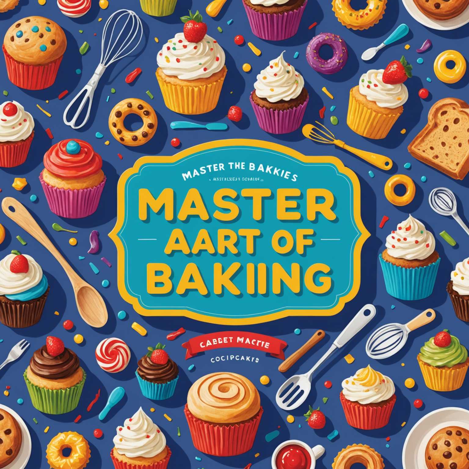 Dies ist ein farbenfrohes und verspieltes Buchcover für ein Kochbuch mit dem Titel "Die Kunst des Backens meistern". Auf dem Cover sind lebendige Illustrationen verschiedener Backwaren zu sehen, darunter Cupcakes, Kekse, ein geschichteter Kuchen mit bunten Dekorationen, ein Laib Brot und Gebäck. Rund um die Backwaren sind Backutensilien wie Schneebesen, Nudelholz und Messlöffel verstreut. Ein Kochhut und eine Flasche sind ebenfalls in das Design integriert. Das Design ist professionell, in hoher Auflösung und in druckfertiger Qualität, mit gut lesbarer Typografie und einer ansprechenden visuellen Komposition, die sich an den Stil des Genres anpasst und darauf abzielt, die Aufmerksamkeit des Marktes zu gewinnen. Das Layout ist thumbnail-freundlich und weist eine ausgewogene Hierarchie auf, die einen kommerziellen Buchdeckel-Ästhetik vermittelt.