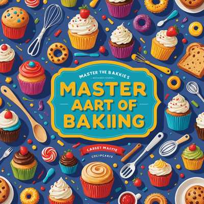 Dies ist ein farbenfrohes und verspieltes Buchcover für ein Kochbuch mit dem Titel "Die Kunst des Backens meistern". Auf dem Cover sind lebendige Illustrationen verschiedener Backwaren zu sehen, darunter Cupcakes, Kekse, ein geschichteter Kuchen mit bunten Dekorationen, ein Laib Brot und Gebäck. Rund um die Backwaren sind Backutensilien wie Schneebesen, Nudelholz und Messlöffel verstreut. Ein Kochhut und eine Flasche sind ebenfalls in das Design integriert. Das Design ist professionell, in hoher Auflösung und in druckfertiger Qualität, mit gut lesbarer Typografie und einer ansprechenden visuellen Komposition, die sich an den Stil des Genres anpasst und darauf abzielt, die Aufmerksamkeit des Marktes zu gewinnen. Das Layout ist thumbnail-freundlich und weist eine ausgewogene Hierarchie auf, die einen kommerziellen Buchdeckel-Ästhetik vermittelt.