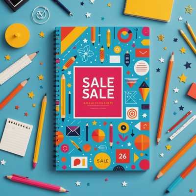 Dieses Buchcover ist ein lebendiges, farbenfrohes Kunstwerk, das ins Auge springt. Im Mittelpunkt steht ein rechteckiges Buch oder Notizbuch mit dem Wort "SALE" darauf. Das Buch zieht mit einer Vielfalt an geometrischen Mustern, Symbolen und Ikonen in leuchtenden Farben die Aufmerksamkeit auf sich. Umgeben wird es von dekorativen Elementen wie Stiften, Blättern und kleinen Sternen in einem modernen grafischen Stil auf einem hellblauen Hintergrund. Die Gestaltung ist verspielt und dynamisch und eignet sich perfekt für ein Buch, das sowohl als Print als auch digital mit einer professionellen und marktfähigen Ästhetik hervorsticht.