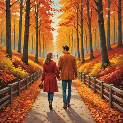 Ein Paar spaziert Hand in Hand auf einem sonnenbeschienenen Pfad, umgeben von hohen Bäumen mit lebendigem Herbstlaub in den Farbtönen Orange, Rot und Gelb. Die Szene wirkt friedlich und romantisch und fängt die Essenz des Herbstes ein. Am Himmel ist der Text "Eine Saison der Liebe" zu lesen, darunter "Liebe findet ihren Weg in den unerwartetsten Jahreszeiten." Die Atmosphäre ist warm und einladend. Das Bild ist für ein Buchcover konzipiert und besticht durch professionelles Design, hohe Auflösung, druckfertige Qualität, lesbare Typografie und eine ansprechende visuelle Komposition. Es kombiniert genre-typische Stilmerkmale mit einem marktfähigen Design und einer layoutfreundlichen Anordnung, die sowohl als Thumbnail als auch in voller Größe überzeugt.