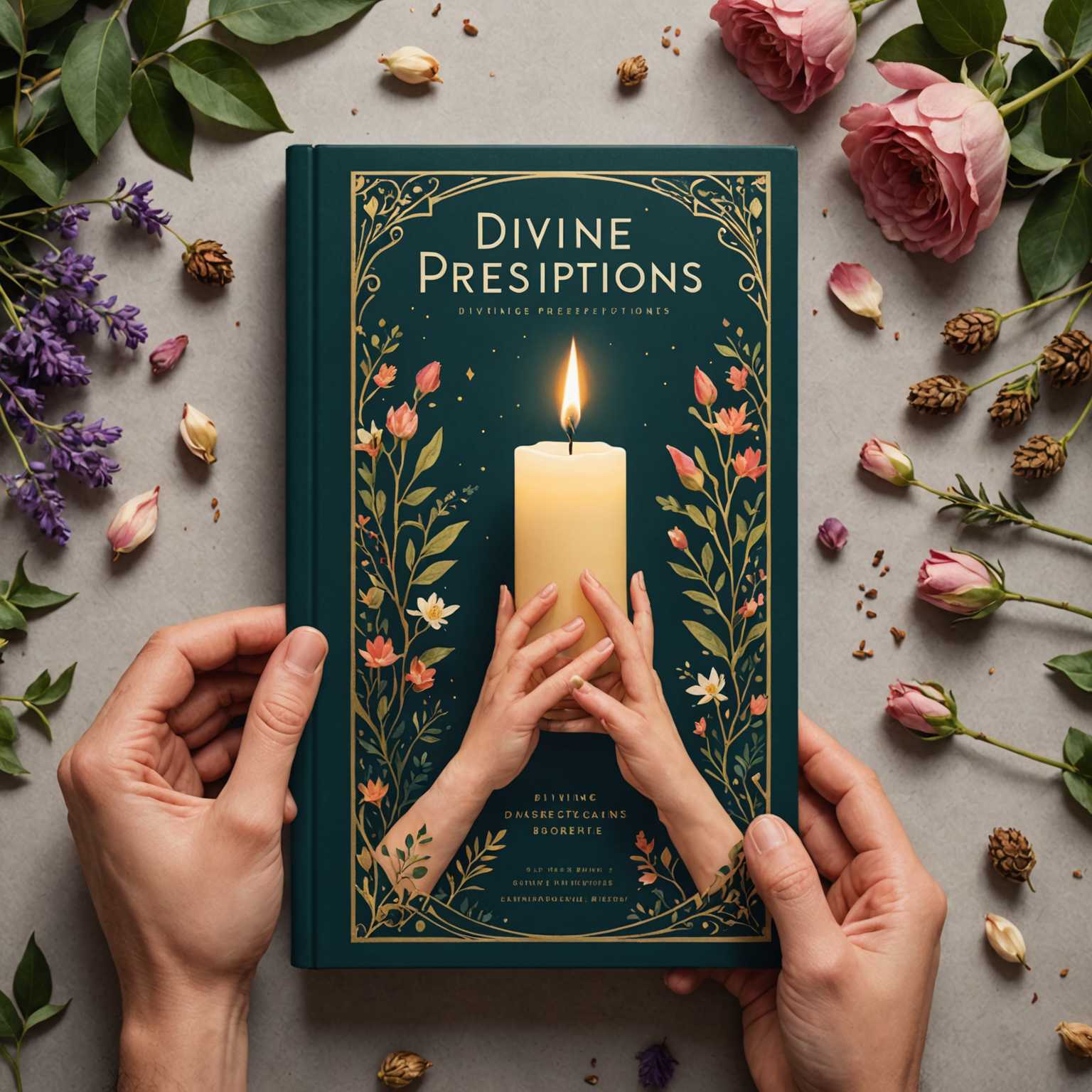 Das Buchcover zeigt den Titel "Göttliche Rezepte" und illustriert Hände, die eine Kerze halten, umgeben von mystischen und floralen Elementen. Das professionelle Design ist in hoher Auflösung und druckfertig, mit gut lesbarer Typografie. Die visuelle Komposition ist ansprechend und stilistisch dem Genre angepasst, um ein marktfähiges und ästhetisch ansprechendes Buchcover zu schaffen. Die Gestaltung ist sowohl für den Druck als auch für die digitale Vorschau geeignet und bietet eine ausgewogene Hierarchie der grafischen Elemente. Das Cover vermittelt eine fesselnde, magische und mystische Atmosphäre durch die Kombination von Blumen und Kerzenlicht.