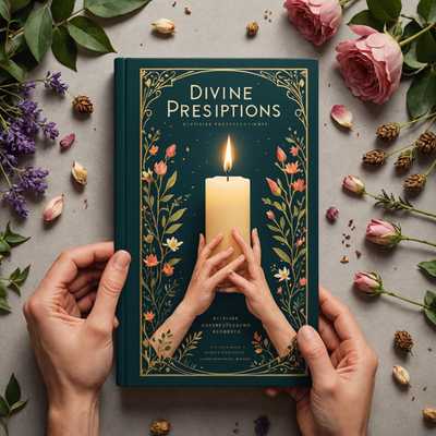 Das Buchcover zeigt den Titel "Göttliche Rezepte" und illustriert Hände, die eine Kerze halten, umgeben von mystischen und floralen Elementen. Das professionelle Design ist in hoher Auflösung und druckfertig, mit gut lesbarer Typografie. Die visuelle Komposition ist ansprechend und stilistisch dem Genre angepasst, um ein marktfähiges und ästhetisch ansprechendes Buchcover zu schaffen. Die Gestaltung ist sowohl für den Druck als auch für die digitale Vorschau geeignet und bietet eine ausgewogene Hierarchie der grafischen Elemente. Das Cover vermittelt eine fesselnde, magische und mystische Atmosphäre durch die Kombination von Blumen und Kerzenlicht.