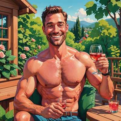 Ein fröhlicher, cartoonartiger Mann mit kräftigem Körperbau, sitzt lächelnd auf einer Holzterrasse. Er hält ein Glas Roséwein in der Hand, während er entspannt die grüne Umgebung genießt. Der Mann ist oben ohne, was die entspannte und unbeschwerte Atmosphäre verstärkt. Der Stil der Illustration ist eine übertriebene Karikatur mit ausgeprägten Gesichtszügen und überdimensionalen Proportionen. Lebendige Farben und klare Linienkunst verleihen der Szene eine humorvolle und einladende Ausstrahlung. Es handelt sich um ein professionell illustriertes Werk mit einer humorvollen Figur, die durch ihre markanten Charaktereigenschaften überzeugt.