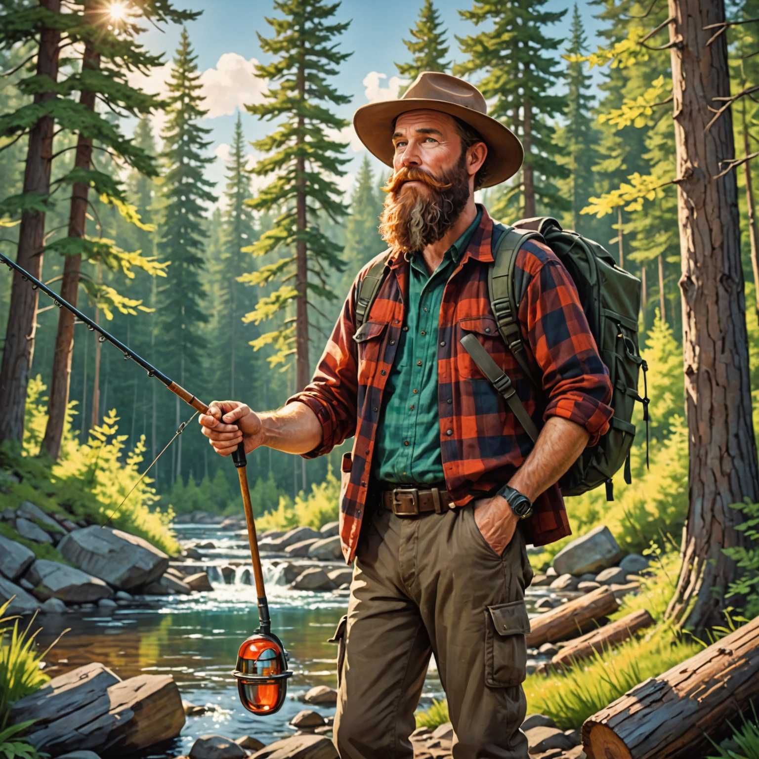 Ein humorvolles Karikaturbild eines bärtigen Mannes mit einem großen orangefarbenen Bart. Er trägt einen braunen Hut und ein rot-kariertes Hemd mit hochgekrempelten Ärmeln. Der Mann hat einen Rucksack und hält eine Angelrute mit einem roten Schwimmer. Im Hintergrund sieht man einen lebhaften Wald mit hohen Bäumen, grüner Vegetation und Sonnenlicht, das durch die Blätter scheint. Der Boden ist mit verstreuten Steinen und einem Baumstamm bedeckt. Es ist ein sonniger Tag mit klarem Himmel. Das Bild besticht durch seine übertriebenen Gesichtszüge und übergroßen Proportionen im Karikaturstil und vermittelt eine lebendige und unterhaltsame Ästhetik.