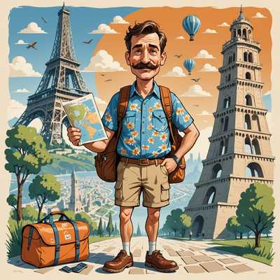 Ein fröhlicher Cartoon-Reisender mit einem Schnurrbart trägt ein blaues Blumenshirt, beige Shorts und braune Schuhe. Er hat einen orangefarbenen Rucksack mit einer aufgerollten blauen Schlafmatte obendrauf und ein Fernglas um den Hals. Der Reisende hält eine Landkarte in einer Hand und ist von berühmten Wahrzeichen umgeben: dem Eiffelturm, dem Schiefen Turm von Pisa, den Großen Pyramiden, einem roten Torii und der Freiheitsstatue. Ein Wirbel aus Wolken umgibt ihn vor einem blauen Himmel. Die Darstellung ist im übertriebenen Karikaturstil gehalten, mit markanten Gesichtszügen, übergroßen Proportionen und lebhaften Farben. Die Cartoonkunst ist ausdrucksstark und humorvoll, mit einem engagierten und spaßigen ästhetischen Design.