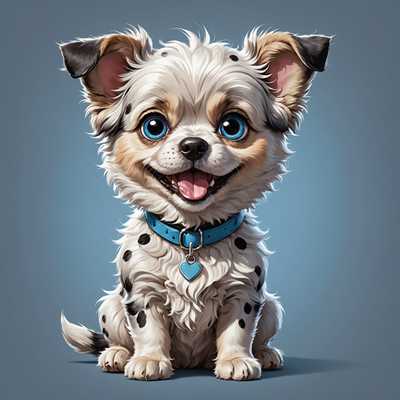 Ein humorvolles Cartoon-Bild eines kleinen, flauschigen Hundes mit überdimensionalen blauen Augen und einem fröhlichen Gesichtsausdruck. Der Hund hat ein Fellgemisch aus grauen und schwarzen Flecken sowie ein weißes Gesicht und eine weiße Brust. Auffällig sind seine großen, spitzen Ohren mit puscheligen Fellbüscheln. Der Hintergrund ist schlicht gehalten mit einer hellbraunen, strukturierten Oberfläche und einer angedeuteten Fliesenlinie. Der Stil des Bildes ist eine übertriebene Karikatur mit markanten Gesichtsmerkmalen und auffälligen Proportionen, die einen humorvollen und engagierten Charakter mit lebendigen Farben darstellen.