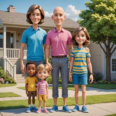Eine fröhliche Karikaturillustration einer vierköpfigen Familie. Die Gruppe besteht aus einer Frau mit welligem braunem Haar, die ein pinkes Hemd und graue Hose trägt, einem glatzköpfigen Mann in einem blauen Hemd und zwei jungen Jungen. Der eine Junge hat kurzes blondes Haar und trägt ein gelbes Shirt mit blauen Shorts, während der andere braunes Haar und ein blau gestreiftes Shirt mit dunkler Hose hat. Sie stehen eng beieinander und strahlen eine fröhliche und freudige Atmosphäre aus, vor einem weißen Hintergrund. Diese Karikatur betont übertriebene Gesichtszüge, übergroße Proportionen, ausdrucksstarke Cartoon-Kunst und hat ein humorvolles Charakterdesign in lebendigen Farben und klarer Linienführung.