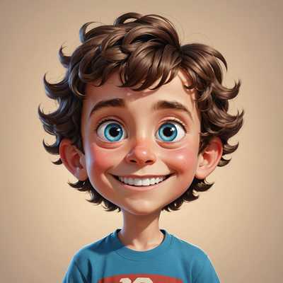 Ein cartoonhafter Junge mit auffällig großen, leuchtend blauen Augen und einem breiten, freudigen Lächeln. Sein kurzes, braunes Haar ist mit einem großen vorderen Locken und zwei kleinen Seitenlocken gestylt. Seine dicken, hochgezogenen Augenbrauen verleihen ihm einen aufgeregten Ausdruck. Die Wangen des Jungen sind rosig, und seine Nase ist rund und rot. Er trägt ein beige T-Shirt mit grünen Rändern an Kragen und Ärmeln. Die Arme sind ausgestreckt, was zu einer einladenden Geste beiträgt. Der Hintergrund ist ein einfarbiges, helles Türkis, das den witzigen und spaßigen Charakter des Bildes unterstreicht.