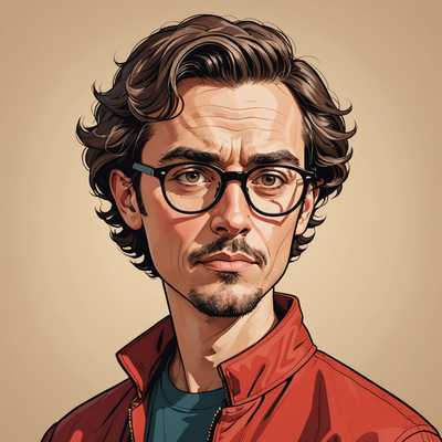 Ein digitales Porträt im Karikaturstil zeigt eine Person mit kurzen, welligen Haaren und einer Brille. Sie trägt eine rote Jacke über einem dunklen Hemd. Ihr Ausdruck wirkt nachdenklich, mit leicht nach oben gerichteten Augen. Der Hintergrund ist in einem einfachen, hellen Beigeton gehalten. Die Kunst besticht durch ihren grafischen Stil mit kräftigen Konturen und einer limitierten Farbpalette. Die Gesichtszüge sind überspitzt dargestellt, was der Illustration einen humorvollen und lebhaften Charakter verleiht.