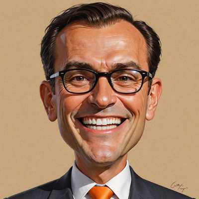 Diese Karikatur zeigt einen Mann mit stark übertriebenen Gesichtszügen, die ein humorvolles und gleichzeitig ausdrucksstarkes Erscheinungsbild schaffen. Sein großes Lächeln mit prominenten Zähnen und die kleinen rechteckigen Brillen heben sich deutlich hervor. Zudem zieht die hohe Stirn die Aufmerksamkeit auf sich, während sein dunkles und unordentliches Haar, das an einigen Stellen absteht, dem Bild eine dynamische Note verleiht. Die elegante Kleidung, bestehend aus einem Anzug, einem weißen Hemd und einer auffälligen orangefarbenen Krawatte, unterstreicht den geschäftsmäßigen Look des Charakters. Der beige Hintergrund sorgt für einen schlichten Kontrast und lenkt die Aufmerksamkeit auf die Figur selbst. Diese professionell illustrierte Karikatur vereint Humor mit einem unverwechselbaren Stil, der durch kräftige Farbgebung und klare Linienführung besticht und den Betrachter sofort in ihren Bann zieht.