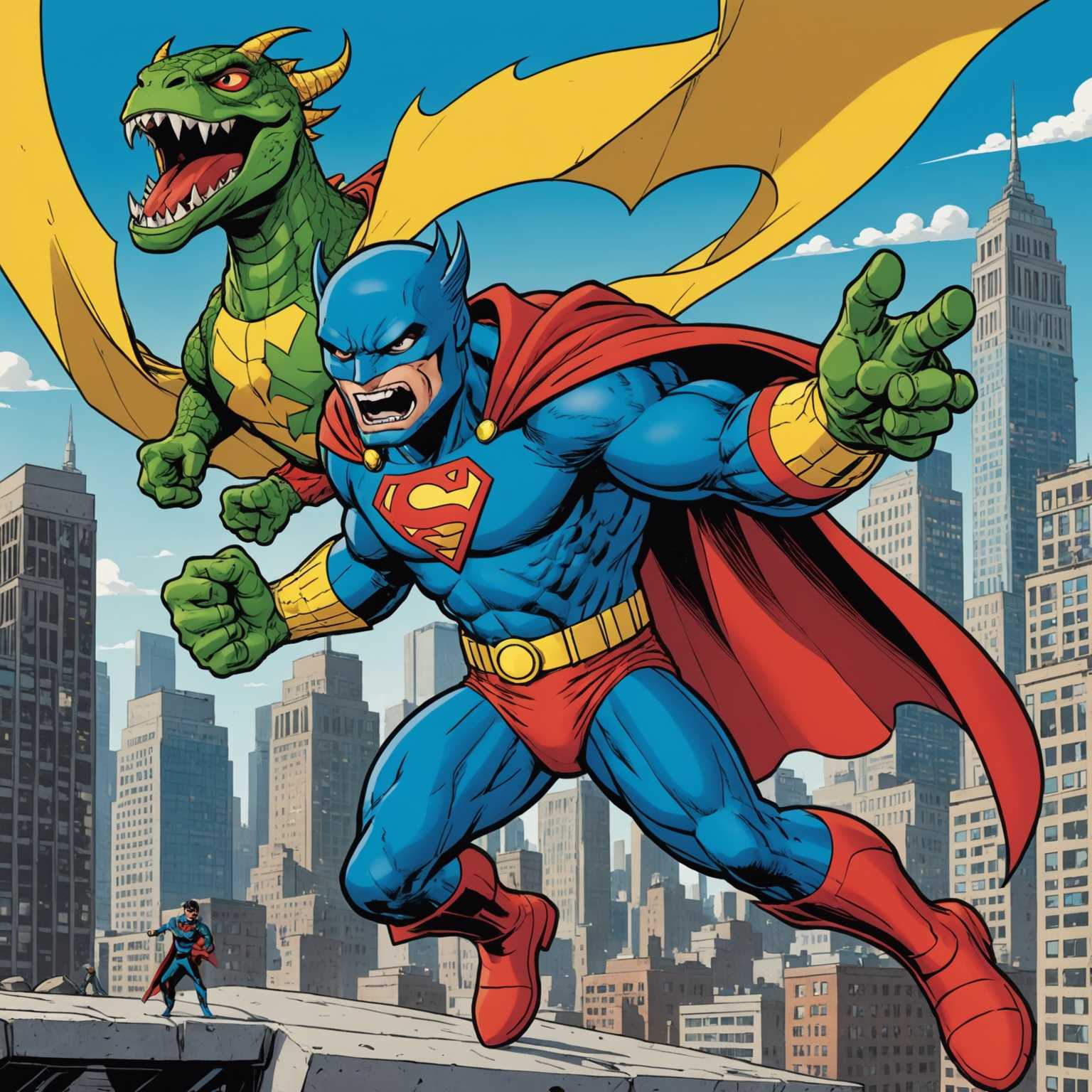 In dieser Szene eines Comic-Buchs sehen wir einen Superhelden in einem roten und blauen Kostüm mit einem gelben Emblem, der einem grünen, reptilienartigen Monster einen heftigen Schlag versetzt. Der Superheld trägt einen Umhang und sein Kostüm ist mit mutigen Gesichtszügen und übergroßen Proportionen dargestellt. Das Monster hat scharfe Zähne, große Augen und Krallen und weicht sichtbarermaßen vom Schlag zurück. Sprechblasen mit den Worten "NICHT IN MEINER GEGENWART, DU UNGEHEUER!" und Soundeffekte wie "GROAAAN!" und "BLORG!" untermalen die Szene. Im Hintergrund ist die Skyline einer Stadt zu sehen, alles gestaltet in einem übertriebenen Karikaturstil mit lebhaften Farben und sauberer Linienführung, was dem Bild eine humorvolle und fesselnde Ästhetik verleiht.