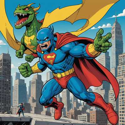 In dieser Szene eines Comic-Buchs sehen wir einen Superhelden in einem roten und blauen Kostüm mit einem gelben Emblem, der einem grünen, reptilienartigen Monster einen heftigen Schlag versetzt. Der Superheld trägt einen Umhang und sein Kostüm ist mit mutigen Gesichtszügen und übergroßen Proportionen dargestellt. Das Monster hat scharfe Zähne, große Augen und Krallen und weicht sichtbarermaßen vom Schlag zurück. Sprechblasen mit den Worten "NICHT IN MEINER GEGENWART, DU UNGEHEUER!" und Soundeffekte wie "GROAAAN!" und "BLORG!" untermalen die Szene. Im Hintergrund ist die Skyline einer Stadt zu sehen, alles gestaltet in einem übertriebenen Karikaturstil mit lebhaften Farben und sauberer Linienführung, was dem Bild eine humorvolle und fesselnde Ästhetik verleiht.