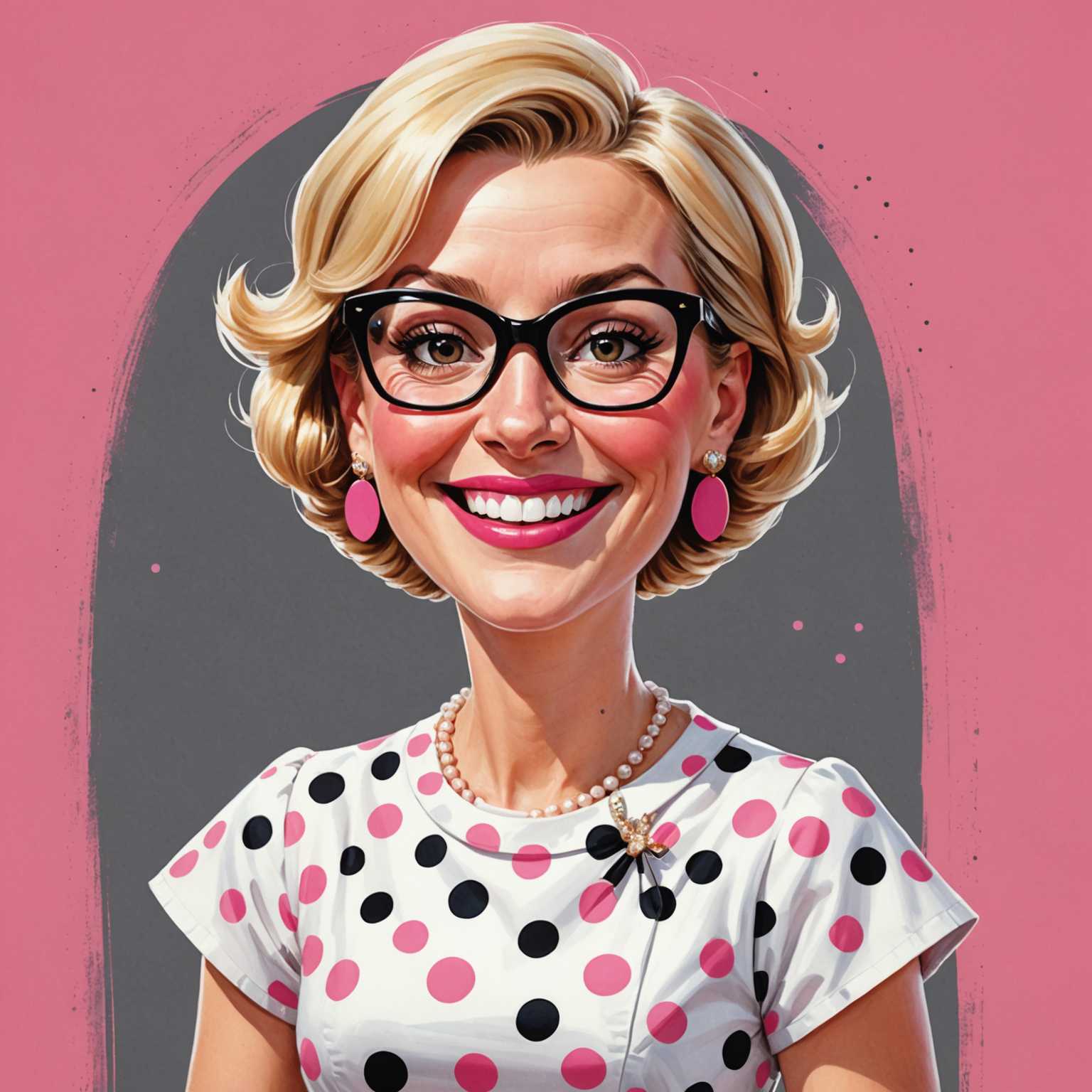 Diese karikaturhafte Darstellung zeigt eine fröhliche Frau mit übertriebenen Gesichtszügen, darunter große schwarze Brille und kurze blonde Haare. Ihre auffälligen pinken Ohrringe und das weiße Kleid mit pinken Punkten unterstreichen das verspielte Design. Passend dazu trägt sie pinke Schuhe, die ihren lebhaften Charakter hervorheben. Der Stil ist cartoonhaft und karikiert mit einem breiten Lächeln und einer ausdrucksstarken Pose. Die Illustration fängt eine humorvolle und einnehmende Ästhetik ein, charakterisiert durch kräftige Linien und lebendige Farben.