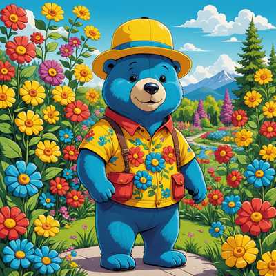 In einem farbenfrohen Garten voller lebendiger Blumen, grüner Büsche und einem strahlend blauen Himmel mit flauschigen Wolken stehen zwei blaue Bären. Sie tragen gelbe Hüte, einer ist in Rot und der andere in Blau gekleidet. Neben ihnen erhebt sich eine große Giraffe, und ein lächelndes, pinkes Nilpferd in einem orangefarbenen Kleid vervollständigt die fröhliche Szenerie. Die Charaktere sind in einem übertriebenen Karikaturstil gestaltet, mit kühnen Gesichtszügen, übergroßen Proportionen und einem humorvollen Design, das ihre ausgeprägten Persönlichkeiten hervorhebt. Es handelt sich um eine professionelle Illustration von hoher Qualität, die Spaß und Engagement verspricht.