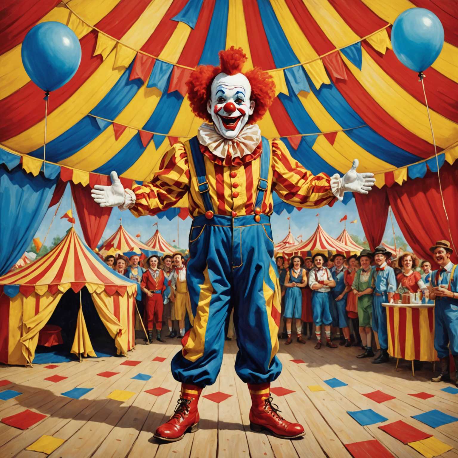 Ein fröhlicher Clown mit einem breiten Lächeln steht im Zentrum eines Zirkuszelts. Er trägt ein farbenfrohes Outfit mit rot-gelben Streifen, blauen Latzhosen und großen roten Schuhen. Seine weißen Handschuhe sind ausgestreckt, und er hat eine rote Nase, große Augen und einen großen, gerüschten Kragen. Um ihn herum füllt ein Publikum unterschiedlichen Alters und mit verschiedenen Ausdrücken die Sitze. Das Zirkuszelt ist in Gelb-Blau gestreift, und bunte Wimpel hängen darüber. Die Szene ist lebendig und freudig und fängt die dynamische Atmosphäre einer Zirkusvorstellung ein.