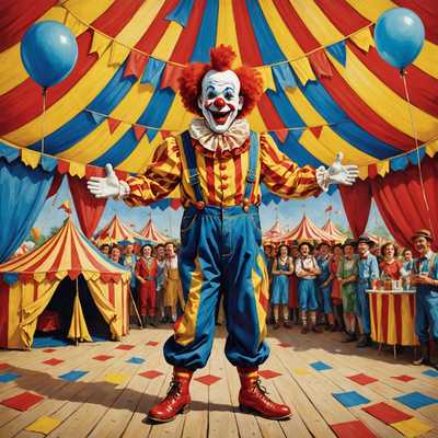 Ein fröhlicher Clown mit einem breiten Lächeln steht im Zentrum eines Zirkuszelts. Er trägt ein farbenfrohes Outfit mit rot-gelben Streifen, blauen Latzhosen und großen roten Schuhen. Seine weißen Handschuhe sind ausgestreckt, und er hat eine rote Nase, große Augen und einen großen, gerüschten Kragen. Um ihn herum füllt ein Publikum unterschiedlichen Alters und mit verschiedenen Ausdrücken die Sitze. Das Zirkuszelt ist in Gelb-Blau gestreift, und bunte Wimpel hängen darüber. Die Szene ist lebendig und freudig und fängt die dynamische Atmosphäre einer Zirkusvorstellung ein.