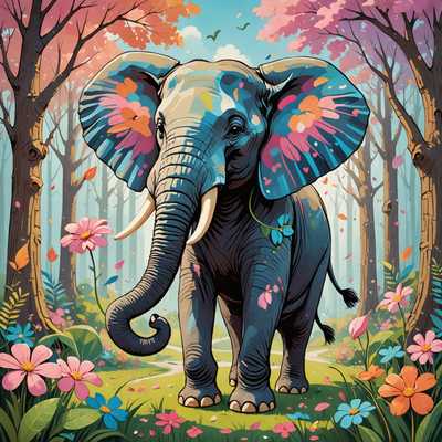 In dieser farbenfrohen und verspielten Karikaturenszene befinden sich fröhliche Tiere in einem Wald. Ein gut gelaunter Elefant hält eine Blume mit seinem Rüssel, während ein spielerischer Löwe lächelt. Ein fröhlicher Affe springt mit gehobenen Armen, und ein glückliches Kaninchen steht mit offenen Armen da. Der Hintergrund zeigt Bäume mit rosa, blauen und pfirsichfarbenen Blättern, grünem Gras und kleinen Blumen, die auf dem Boden verstreut sind. Musikalische Noten schweben in der Nähe der Tiere, was darauf hinweist, dass sie Musik genießen oder singen. Die Atmosphäre ist insgesamt freudvoll und lebendig.