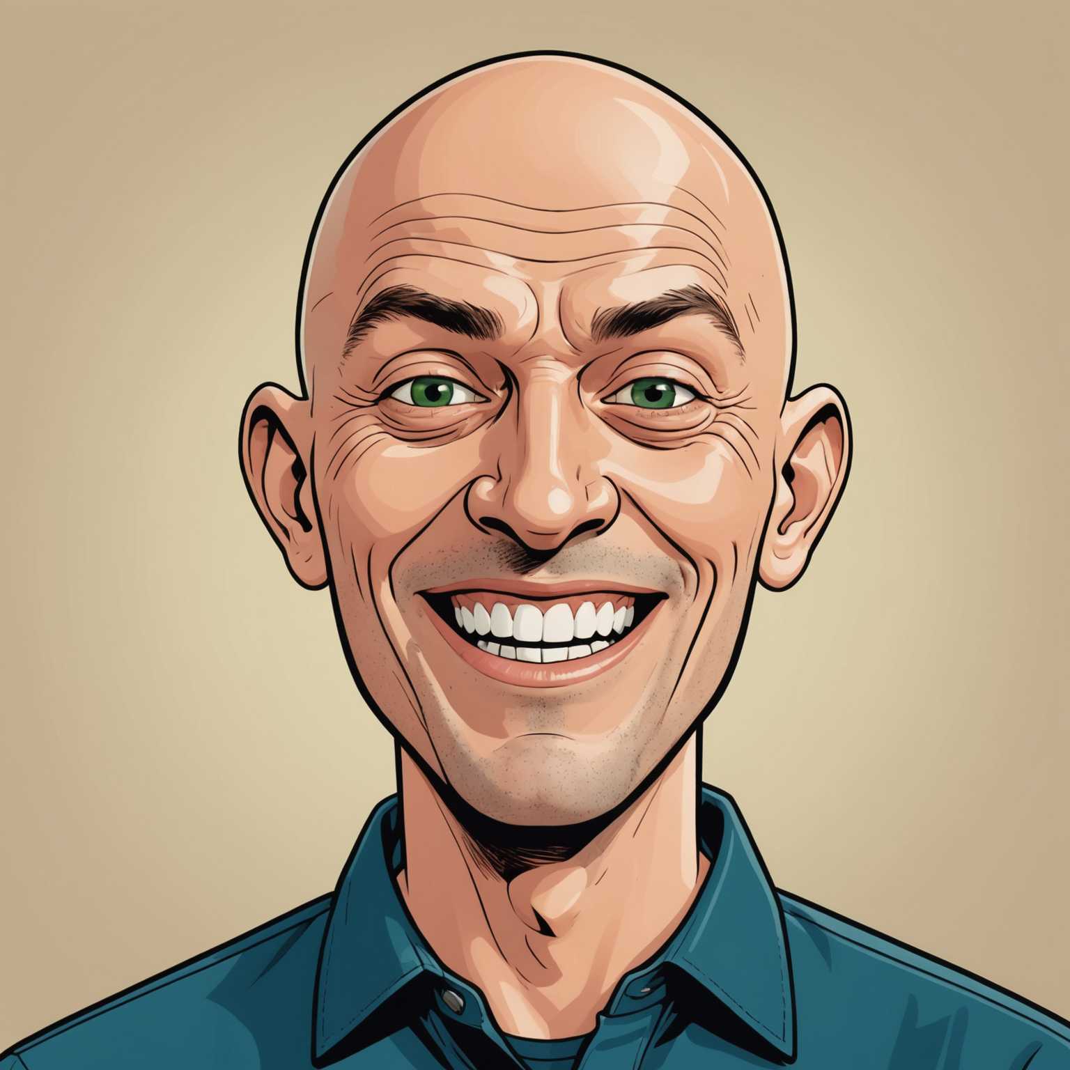 Diese Karikatur zeigt einen glatzköpfigen Mann mit übertriebenen Gesichtszügen. Auffällig sind seine großen, grünen Augen und das breite, offene Lächeln, das seine oberen Zähne zeigt. Er trägt ein dunkles blaues Hemd und befindet sich vor einem hellbeigen Hintergrund. Die Darstellung ist in einem lebhaften und humorvollen Stil gehalten, der durch kräftige Linien und ausdrucksstarke Details besticht.