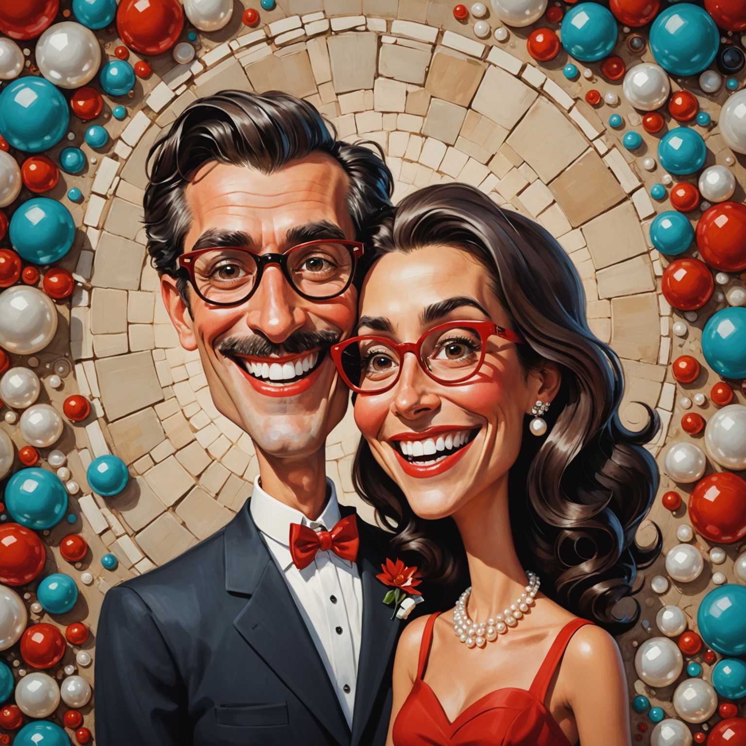 Ein fröhliches Paar in eleganter Abendkleidung wird in dieser Karikatur dargestellt. Der Mann trägt markante rote Brillen und hat übertriebene Merkmale wie große Augen und ein breites Lächeln. Die Frau besticht durch ihr gestyltes, fließendes Haar und ihren Perlenschmuck in Form von Ohrringen und einer Halskette. Beide liegen entspannt auf einer Oberfläche, während der Hintergrund an eine Steintextur erinnert. Die überragende Kunstfertigkeit dieser Illustration zeigt sich in den lebhaften Farben und der klaren Linienführung, die den humorvollen Charakter und die lebhafte Ästhetik des Bildes unterstreichen.