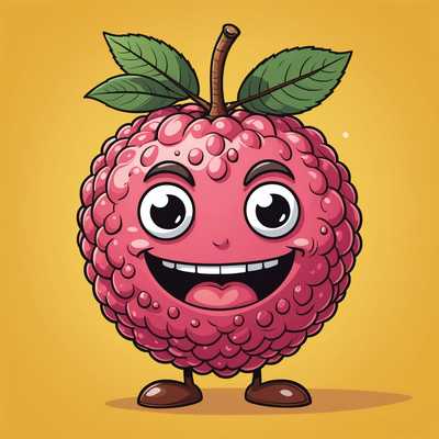 Ein cartoonartiger, rosa Lychee mit einem fröhlichen Gesichtsausdruck. Die auffallend großen, glänzenden Augen und der kleine braune Stiel verleihen ihm eine charmante Erscheinung. Im Hintergrund zeigt sich eine strahlende Sonne mit Gesicht, umgeben von weißen Wolken und einem leuchtend blauen Himmel. Der Lychee ruht auf einer gelben Oberfläche und strahlt pure Lebensfreude aus. Die Darstellung besticht durch ihren übertriebenen Karikaturstil mit markanten Gesichtszügen, übergroßen Proportionen und einem ausdrucksstarken, humorvollen Design. Die professionell illustrierte Figur besitzt eine unverwechselbare Persönlichkeit und vermittelt ein mitreißendes und fröhliches Ambiente.