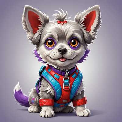 Eine lustige Karikatur eines kleinen, flauschigen Hundes mit hellgrauem Fell und großen, ausdrucksstarken Augen. Der Hund trägt ein farbenfrohes Geschirr mit Patchwork-Designs in Rot-, Blau- und Lilatönen. Er liegt mit überkreuzten Vorderpfoten da und hat einen freundlichen Gesichtsausdruck. Dabei werden die charakteristischen Merkmale durch einen übertriebenen Karikaturstil hervorgehoben, mit auffälligen Gesichtszügen und übergroßen Proportionen. Die lebendigen Farben und die klare Linienführung verleihen der Illustration eine professionelle Qualität und machen den Charakter zu einer humorvollen und einnehmenden Darstellung.
