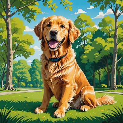 Ein fröhlicher, cartoonmäßiger Goldener Retriever sitzt mit heraushängender Zunge in einem üppigen, grünen Park. Die lebendige Karikatur zeigt den Hund mit übertriebenen Gesichtszügen und übergroßen Proportionen, umgeben von Bäumen und einem klaren, blauen Himmel im Hintergrund. Die Szene strahlt eine humorvolle und engagierte Ästhetik aus, die durch kräftige Farben und sauberes Linienspiel unterstützt wird. Der Charakter des Hundes ist deutlich und liebevoll gestaltet, ideal für alle, die cartoonartige Tiermotive schätzen.