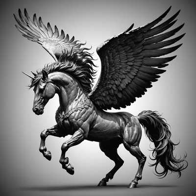 Das Bild zeigt einen majestätischen schwarzen Pegasus, der in der Luft schwebt. Der Pegasus besitzt große, detaillierte Flügel, die weit ausgebreitet sind, und eine glänzende, glatte Fellstruktur. Seine Mähne und sein Schweif fließen wellenförmig im Wind. Auffällig ist das prominente Horn auf seiner Stirn, das ihn als Mischung aus Einhorn und Pegasus auszeichnet. Der Hintergrund besteht aus einem einfachen Farbverlauf von dunklem zu hellem Grau und hebt die Figur des Pegasus hervor. Die Beleuchtung betont die Konturen und Textur seines kraftvollen Körpers und verleiht ihm eine dynamische und eindrucksvolle Präsenz.