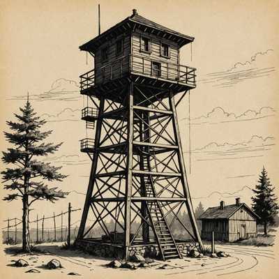 Ein detaillierter Federstrich zeigt einen hohen Holzaussichtsturm in einer rustikalen Umgebung. Der Turm verfügt über eine quadratische Kabine mit einem geneigten Dach und Geländern. Er wird von einem Geflecht aus Holzbalken gestützt und hat eine Leiter, die zur Kabine hinaufführt. Im Hintergrund sind ein wolkiger Himmel, einige Nadelbäume und eine rustikale Hütte mit Satteldach zu sehen. Der Vordergrund ist von felsigem Boden geprägt, und die Strichführung verleiht der Szene einen klassischen, illustrierten Look.