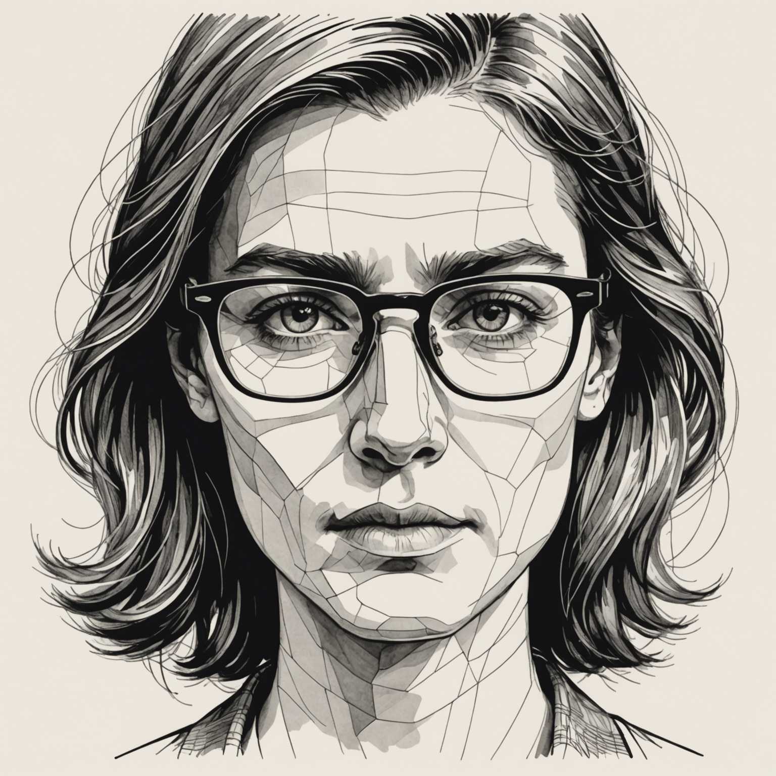 Dieses Kunstwerk präsentiert eine detaillierte schwarz-weiße Illustration einer Person mit mittellangem Haar und einer Brille. Der gezeichnete Stil ist geometrisch und zeichnet sich durch kantige Linien und Facetten aus, die einen strukturierten Mosaikeffekt erzeugen. Der Gesichtsausdruck der Person ist fokussiert und ernst, mit klar definierten Augen und Lippen. Die wellige Haarstruktur fügt dem Bild zusätzliche Tiefe hinzu und verstärkt die visuelle Wirkung der Komposition.