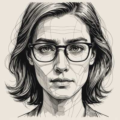 Dieses Kunstwerk präsentiert eine detaillierte schwarz-weiße Illustration einer Person mit mittellangem Haar und einer Brille. Der gezeichnete Stil ist geometrisch und zeichnet sich durch kantige Linien und Facetten aus, die einen strukturierten Mosaikeffekt erzeugen. Der Gesichtsausdruck der Person ist fokussiert und ernst, mit klar definierten Augen und Lippen. Die wellige Haarstruktur fügt dem Bild zusätzliche Tiefe hinzu und verstärkt die visuelle Wirkung der Komposition.